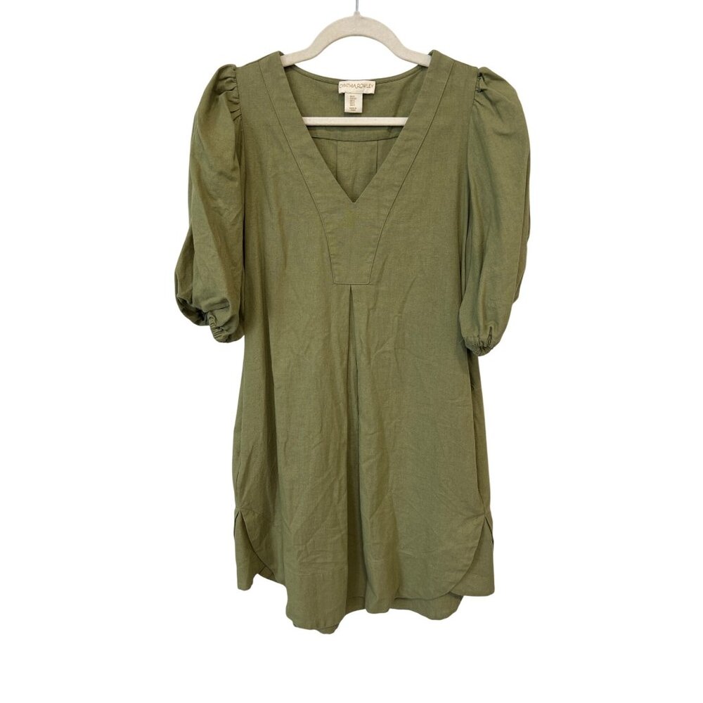 Cynthia Rowley Puff Sleeve Mini Dress Size Small V Neck Linen Blend Green Modern